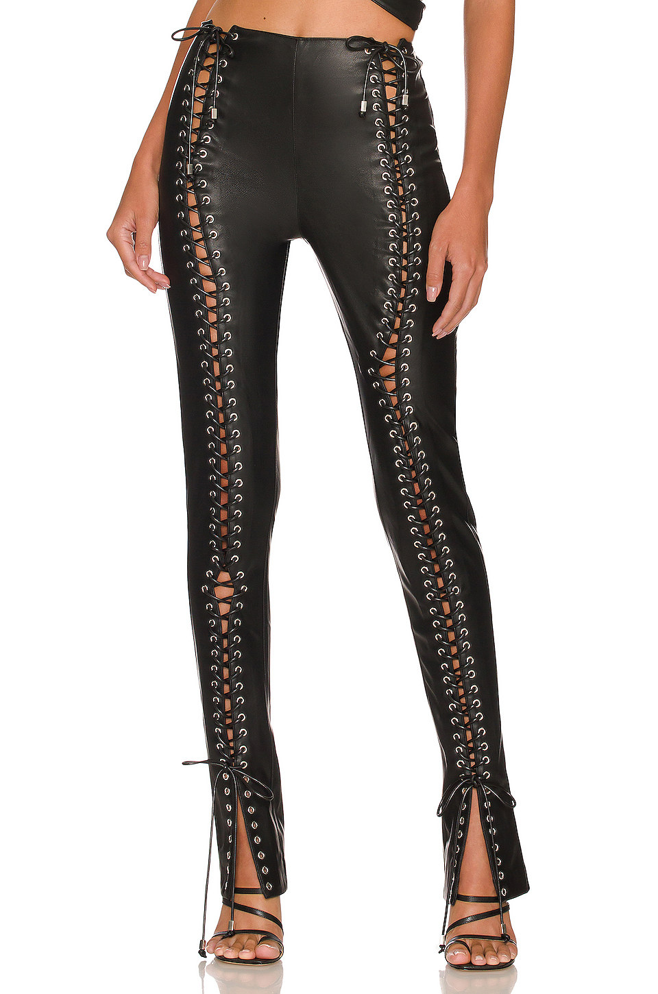 2023 LATEST DESIGN WOMEN FASHION SKINNY BLACK FAUX LEATHER PANTS WITH LACE-UP FRONT